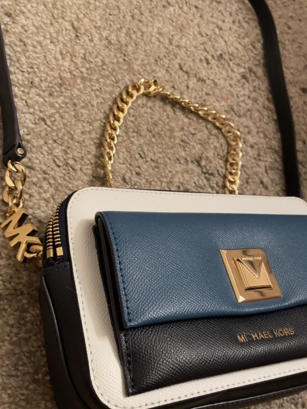 Michael Kors Tri-Tone Leather Crossbody in Blue, White & Black